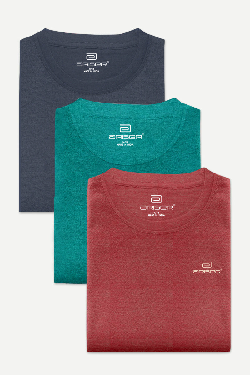 Ariser Cotton Round Neck Solid T-Shirt Combo - 33 (Pack Of 3)