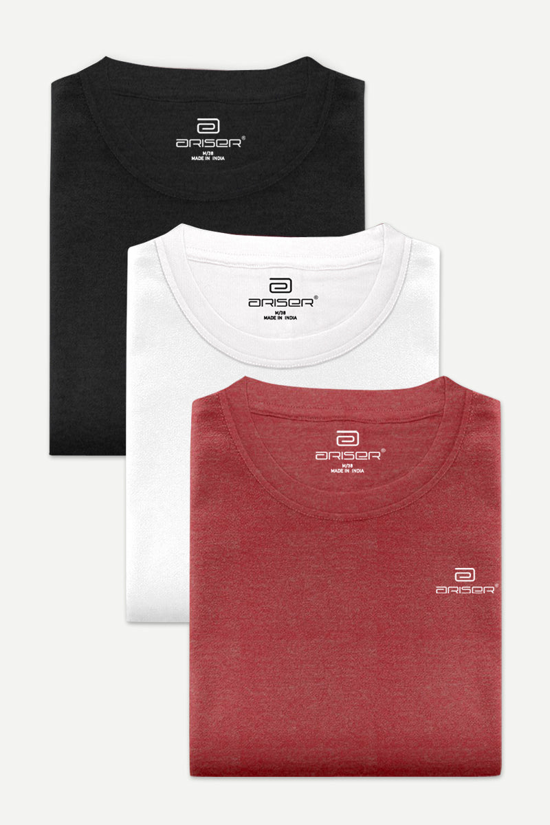 Ariser Cotton Round Neck Solid T-Shirt Combo - 61 (Pack Of 3)