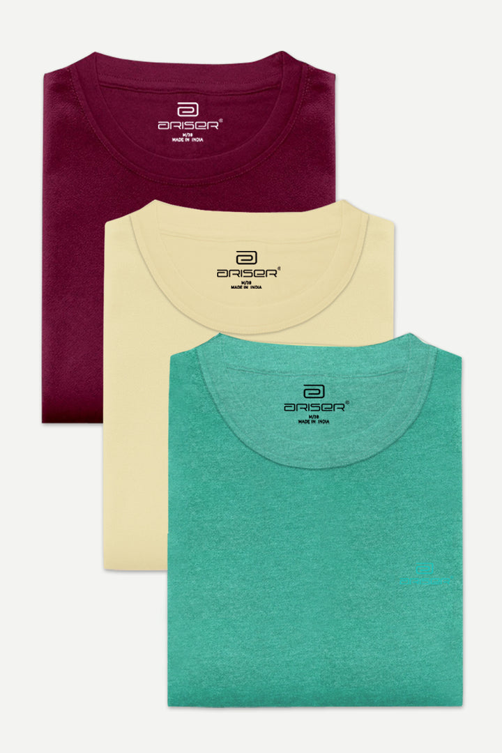 Round Neck - Cotton Rich Blend Solid T-Shirt Pack Of 3 Combo For Men | Ariser