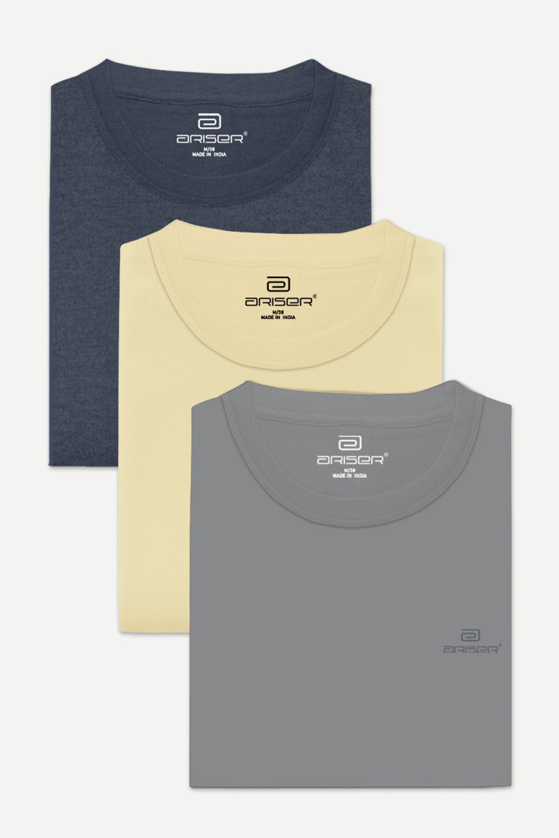Ariser Cotton Round Neck Solid T-Shirt Combo - 88 (Pack Of 3)