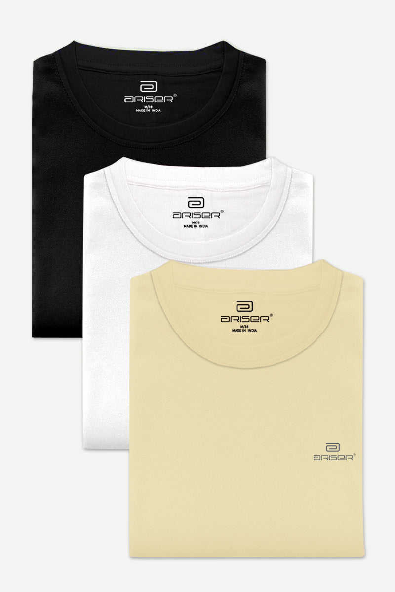 Ariser Cotton Round Neck Solid T-Shirt Combo - 91 (Pack Of 3)