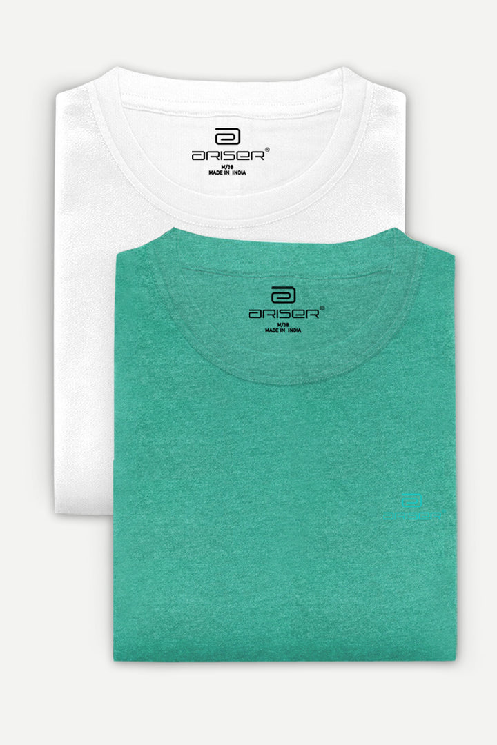 Round Neck - White and Light Green Solid T-Shirt Pack Of 2 Combo For Men | Ariser