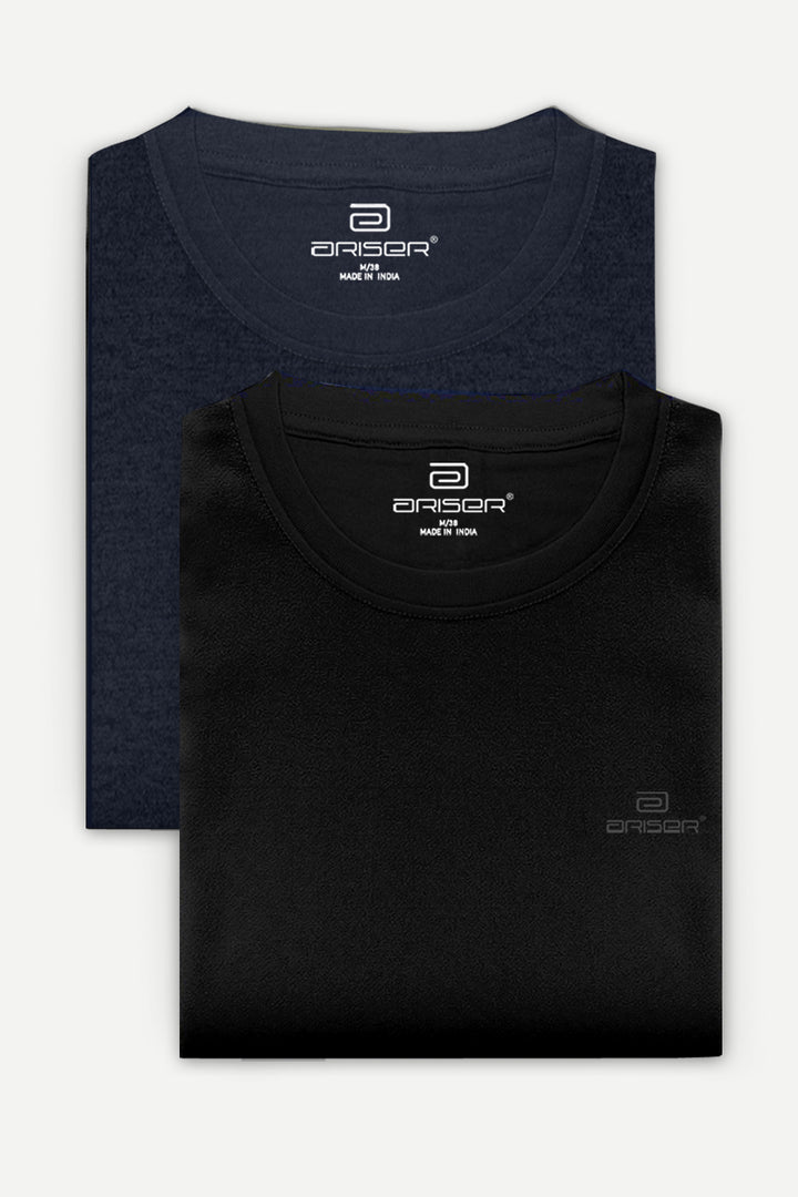 Round Neck - Black and Navy Blue Solid T-Shirt Pack Of 2 Combo For Men | Ariser