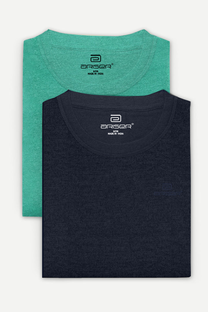 Round Neck - Light Green and Navy Cotton Rich Blend Solid T-Shirt Pack Of 2 Combo For Men | Ariser