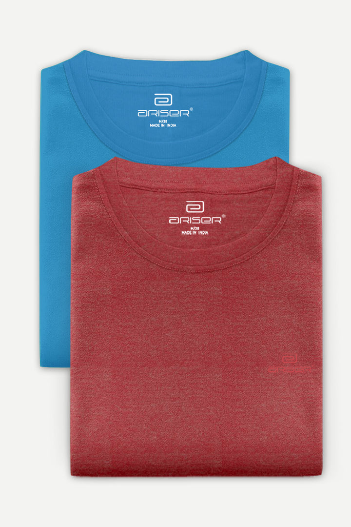 Round Neck - Blue and Red Melange Solid T-Shirt Pack Of 2 Combo For Men | Ariser
