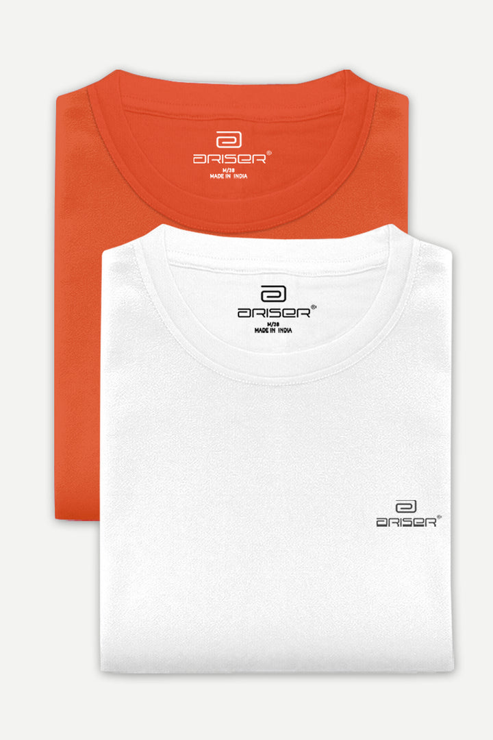 Round Neck - Orange and White Solid T-Shirt Pack Of 2 Combo For Men | Ariser