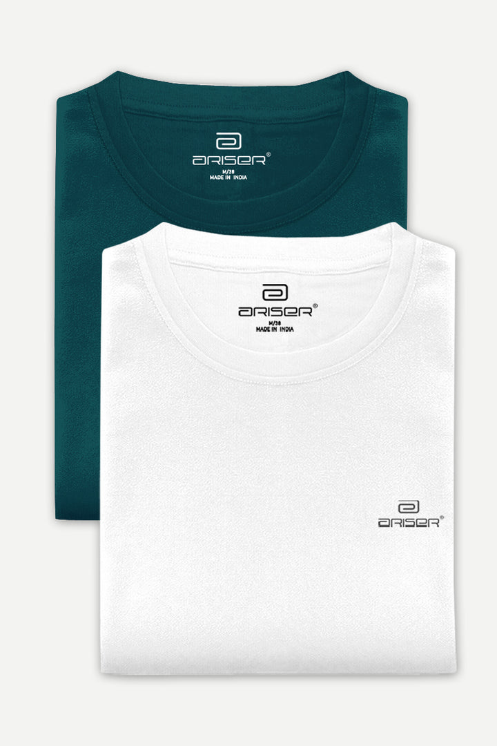 Round Neck - Dark Green and White Solid T-Shirt Pack Of 2 Combo For Men | Ariser