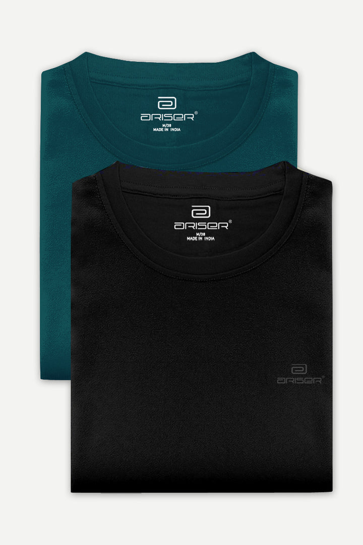 Round Neck - Dark Green and Black Solid T-Shirt Pack Of 2 Combo For Men | Ariser