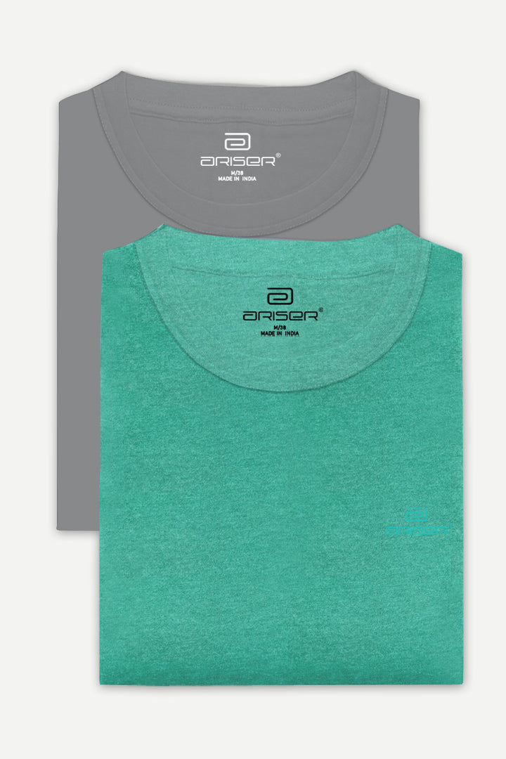 Round Neck - Iron Grey and Light Green Solid T-Shirt Pack Of 2 Combo For Men | Ariser