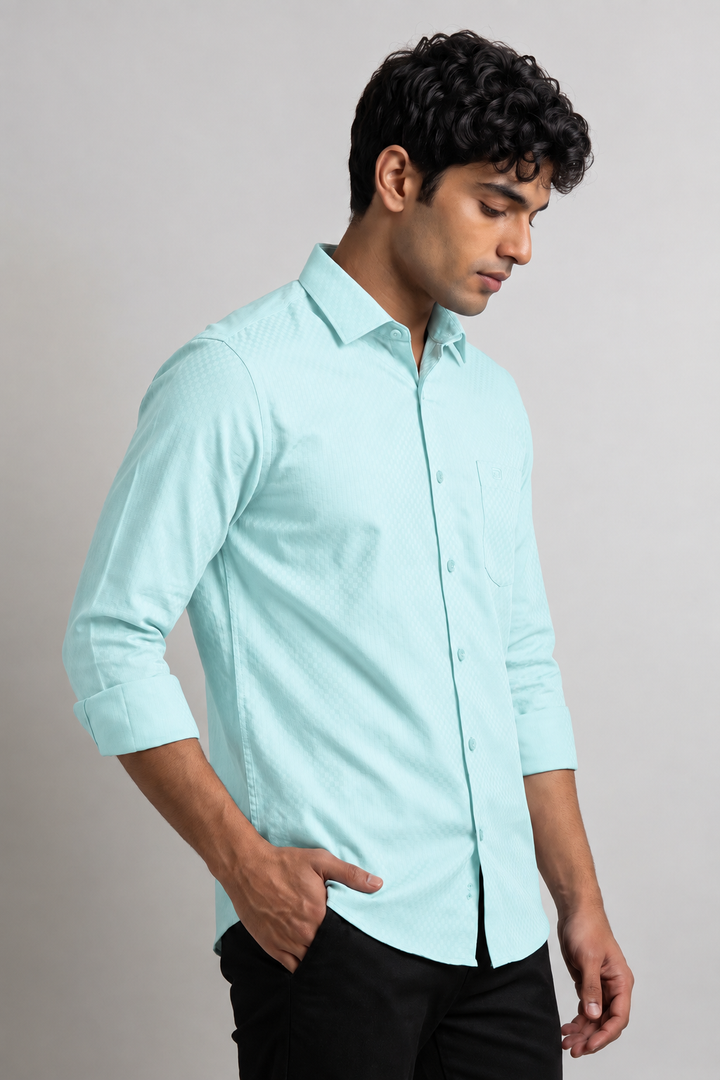 Italian Dobby - Aqua Mint Embossed Line Formal Shirts For Men | Ariser