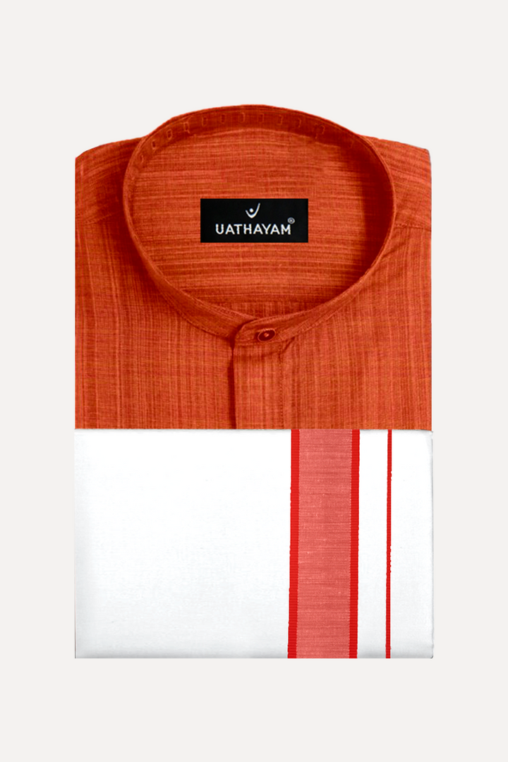 UATHAYAM Bright Orange Color Urban Short Kurta Matching Fancy Border Dhoti Set Full Sleeve For Men - 10604 (Assorted Borders)