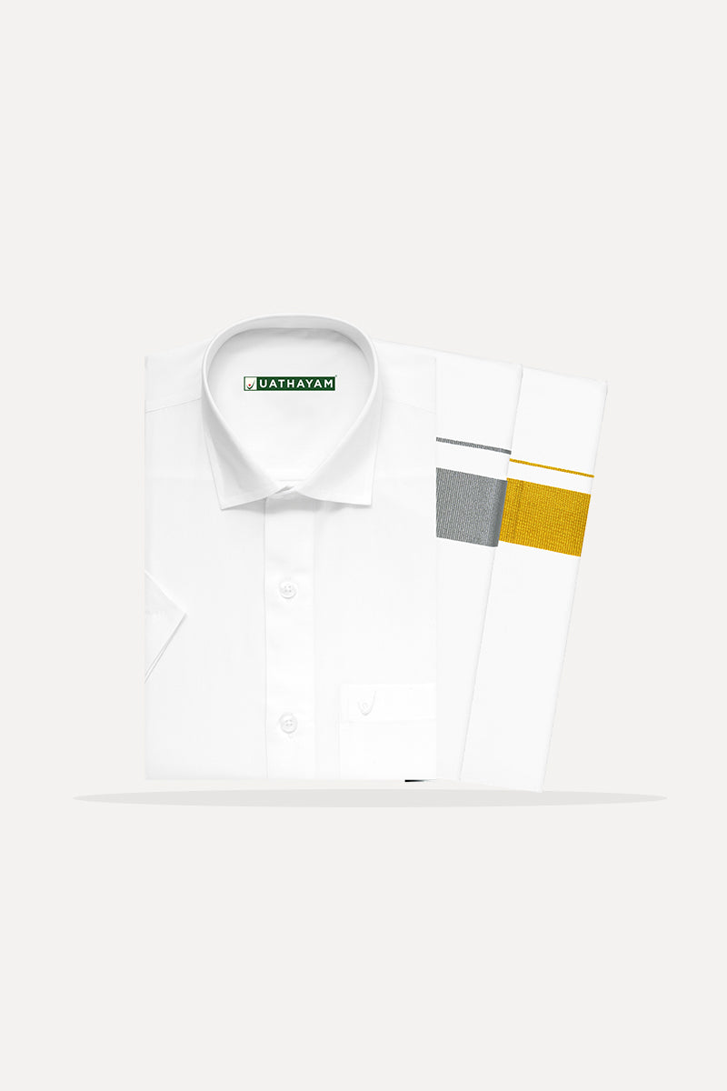 UATHAYAM Orbit Collection  White Shirt + Dhoti Combos  (Silver + Gold  Border)