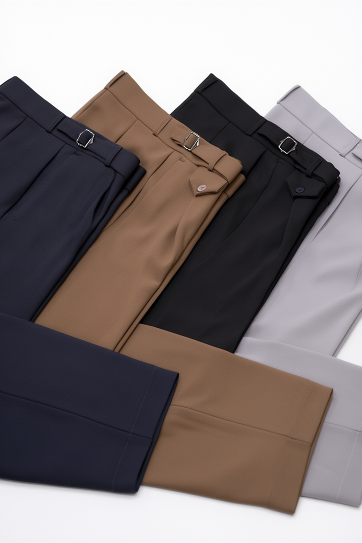 Four pairs of pants in black, brown, and gray on a white background