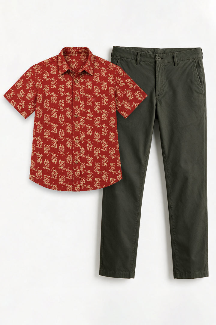 Congo + Basic Chino - Maroon Red Shirt With Deep Army Green Trouser Combo For Men | Ariser