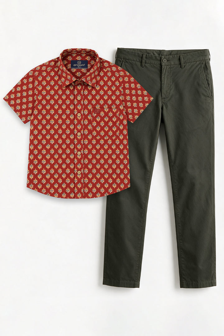 Congo + Basic Chino - Rust Red Shirt With Deep Army Green Trouser Combo For Men | Ariser