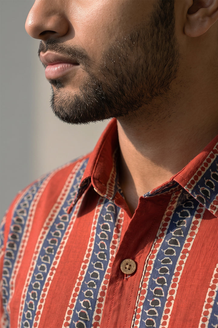 Congo - Brick Red Printed Shirt and Dhoti Combo Set For Men | Uathayam