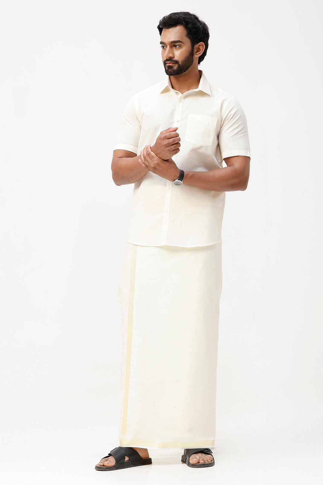 Vaibhav - Spark Shirt and Jari Single Dhoti Tissue Set 2 In 1 For Men | Uathayam