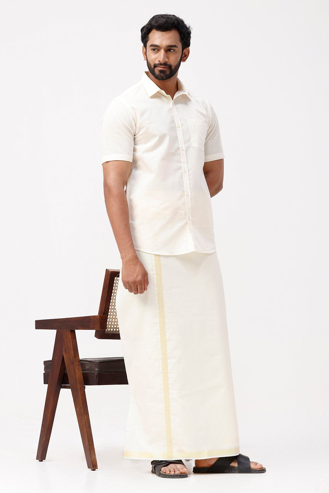Vaibhav - Spark Shirt and Jari Single Dhoti Tissue Set 2 In 1 For Men | Uathayam