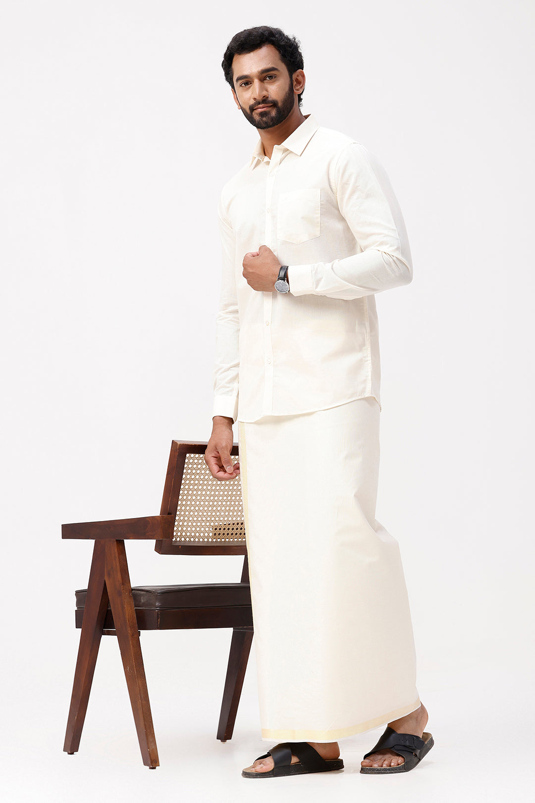 Vaibhav - Spark Shirt and Jari Single Dhoti Tissue Set 2 In 1 For Men | Uathayam