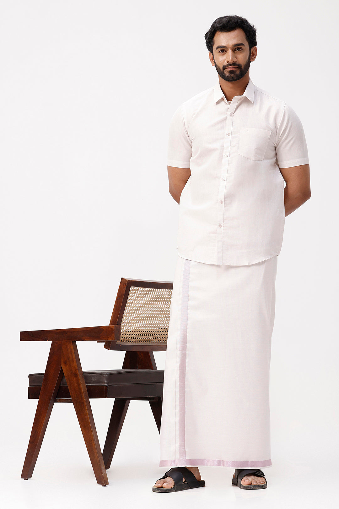 Vaibhav - Rose Pink Shirt and Jari Single Dhoti Tissue Set 2 In 1 For Men | Uathayam