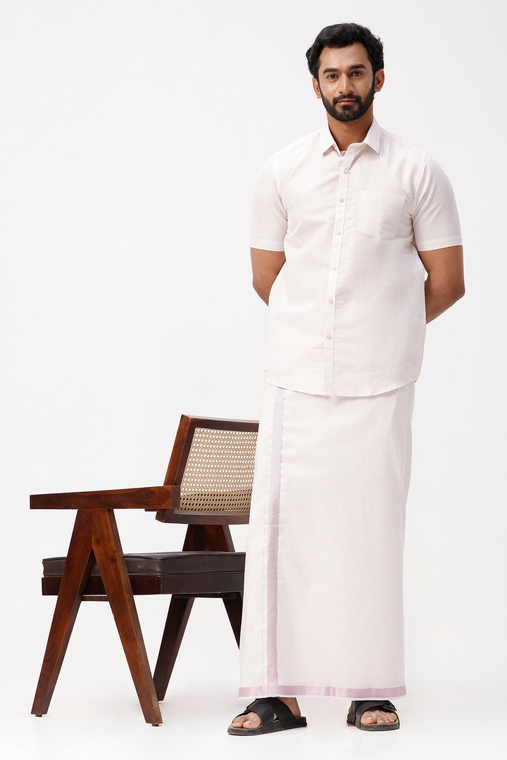 Vaibhav - Rose Pink Shirt and Jari Single Dhoti Tissue Set 2 In 1 For Men | Uathayam