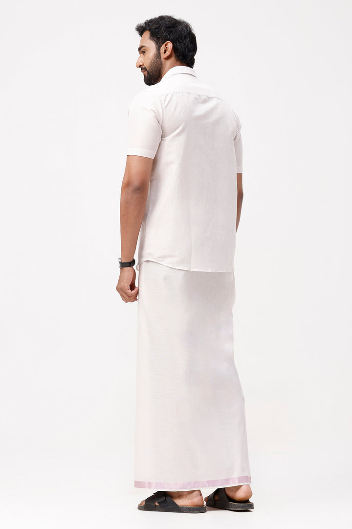 Vaibhav - Rose Pink Shirt and Jari Single Dhoti Tissue Set 2 In 1 For Men | Uathayam