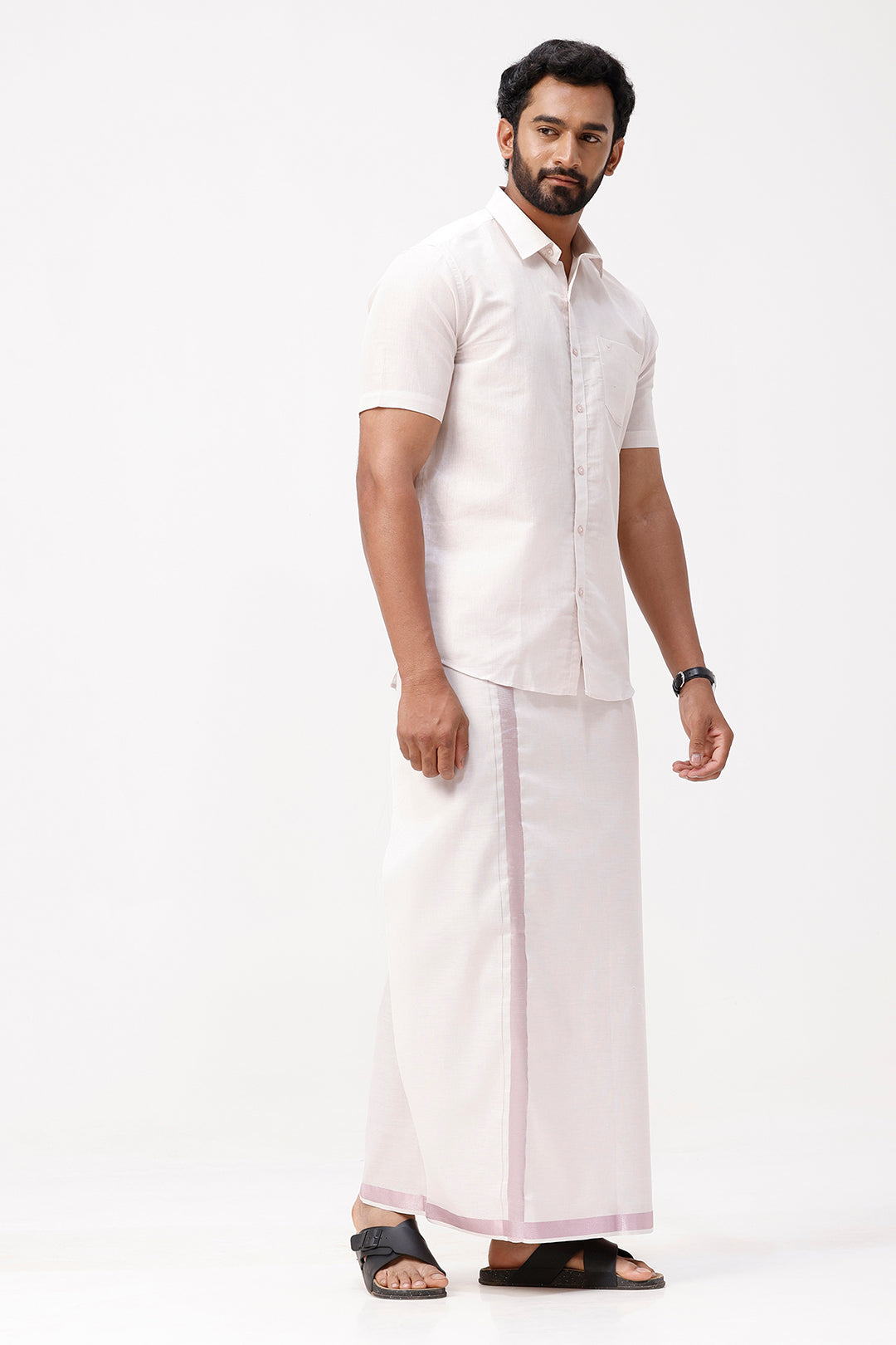 Vaibhav - Rose Pink Shirt and Jari Single Dhoti Tissue Set 2 In 1 For Men | Uathayam
