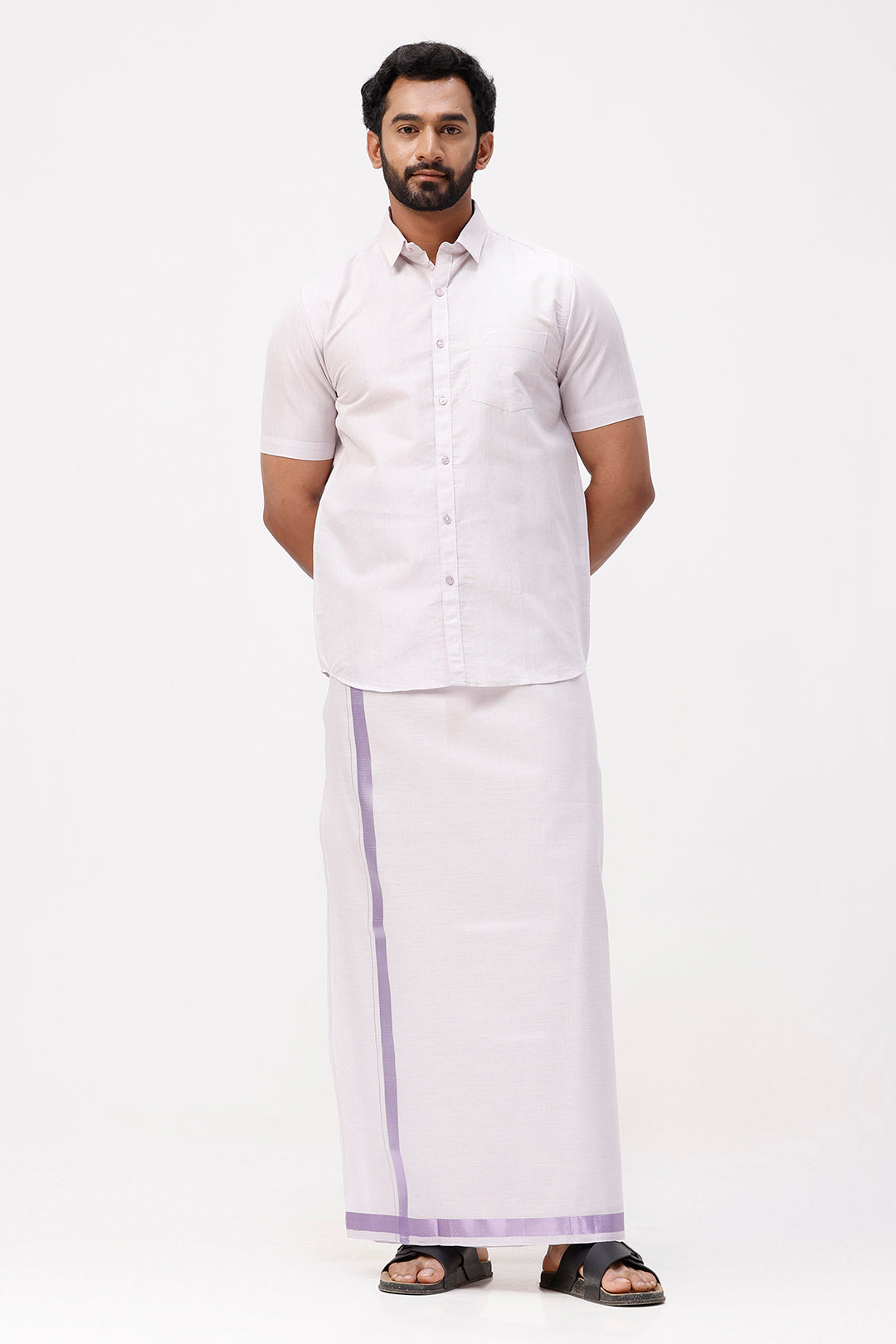 Vaibhav Lavender Shirt and Jari Single Dhoti Tissue Set 2 In 1 for Men by Uathayam