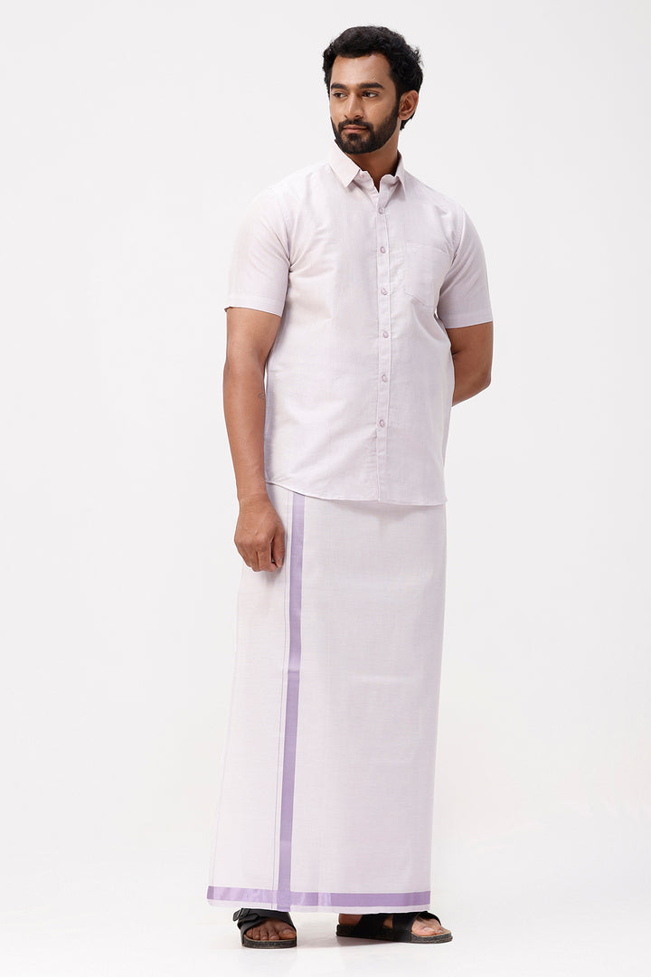 Lavender Shirt with Jari Single Dhoti Tissue Set for Men