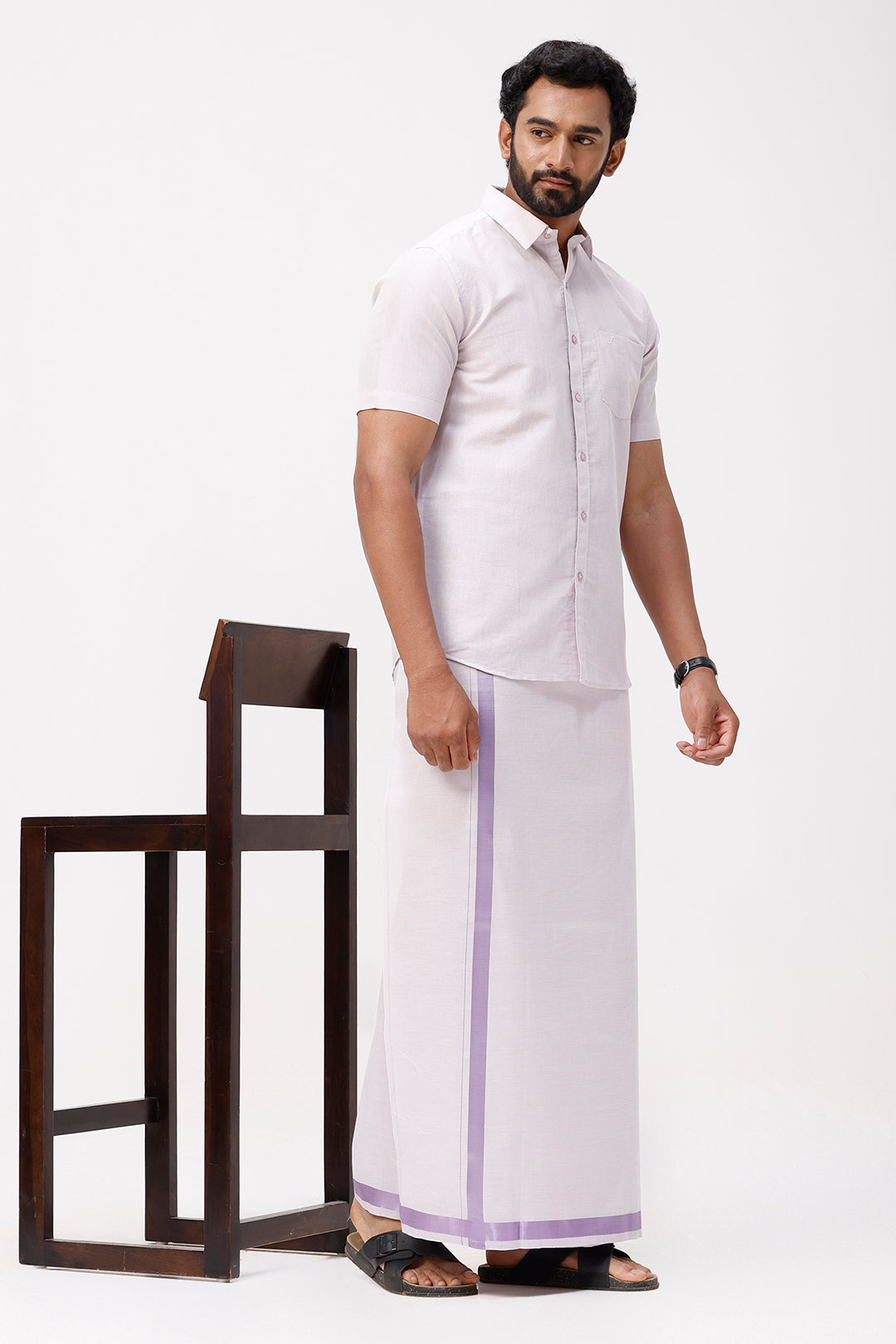 Men's Jari Single Dhoti Tissue Set with Lavender Shirt