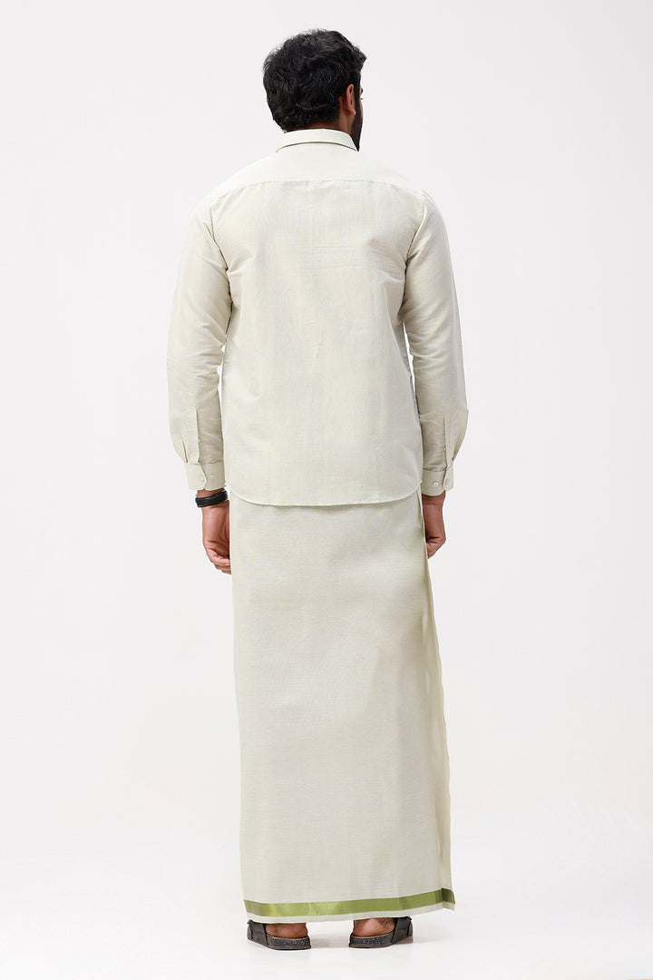 Vaibhav - Moss Green Shirt and Jari Single Dhoti Tissue Set 2 In 1 For Men | Uathayam