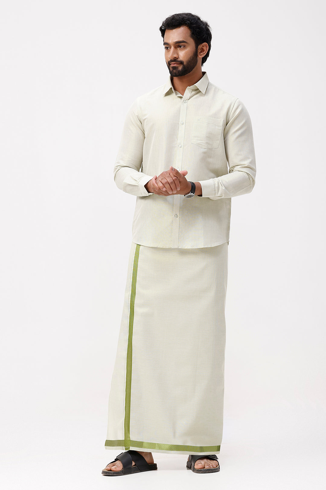 Vaibhav - Moss Green Shirt and Jari Single Dhoti Tissue Set 2 In 1 For Men | Uathayam