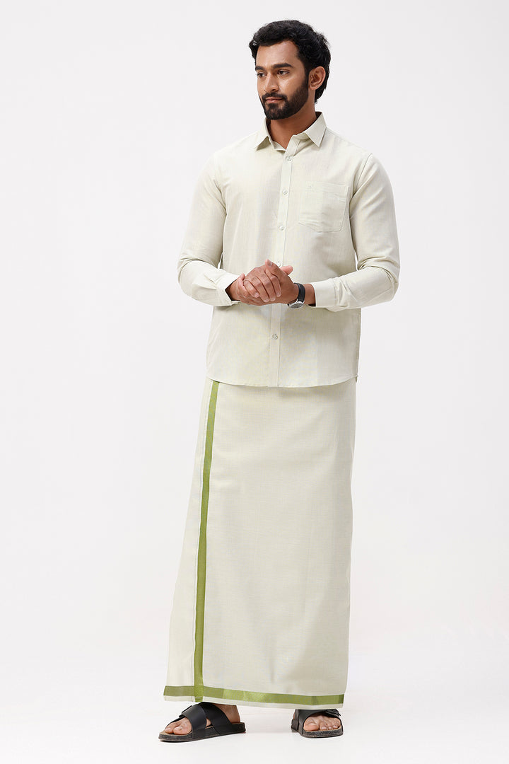 Vaibhav - Moss Green Shirt and Jari Single Dhoti Tissue Set 2 In 1 For Men | Uathayam