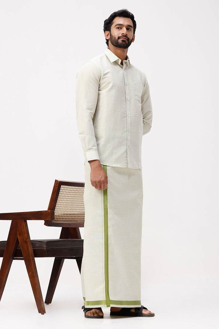 Vaibhav - Moss Green Shirt and Jari Single Dhoti Tissue Set 2 In 1 For Men | Uathayam