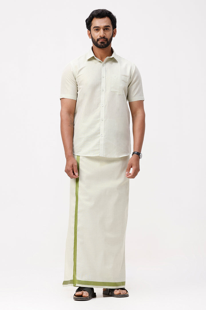 Vaibhav - Moss Green Shirt and Jari Single Dhoti Tissue Set 2 In 1 For Men | Uathayam
