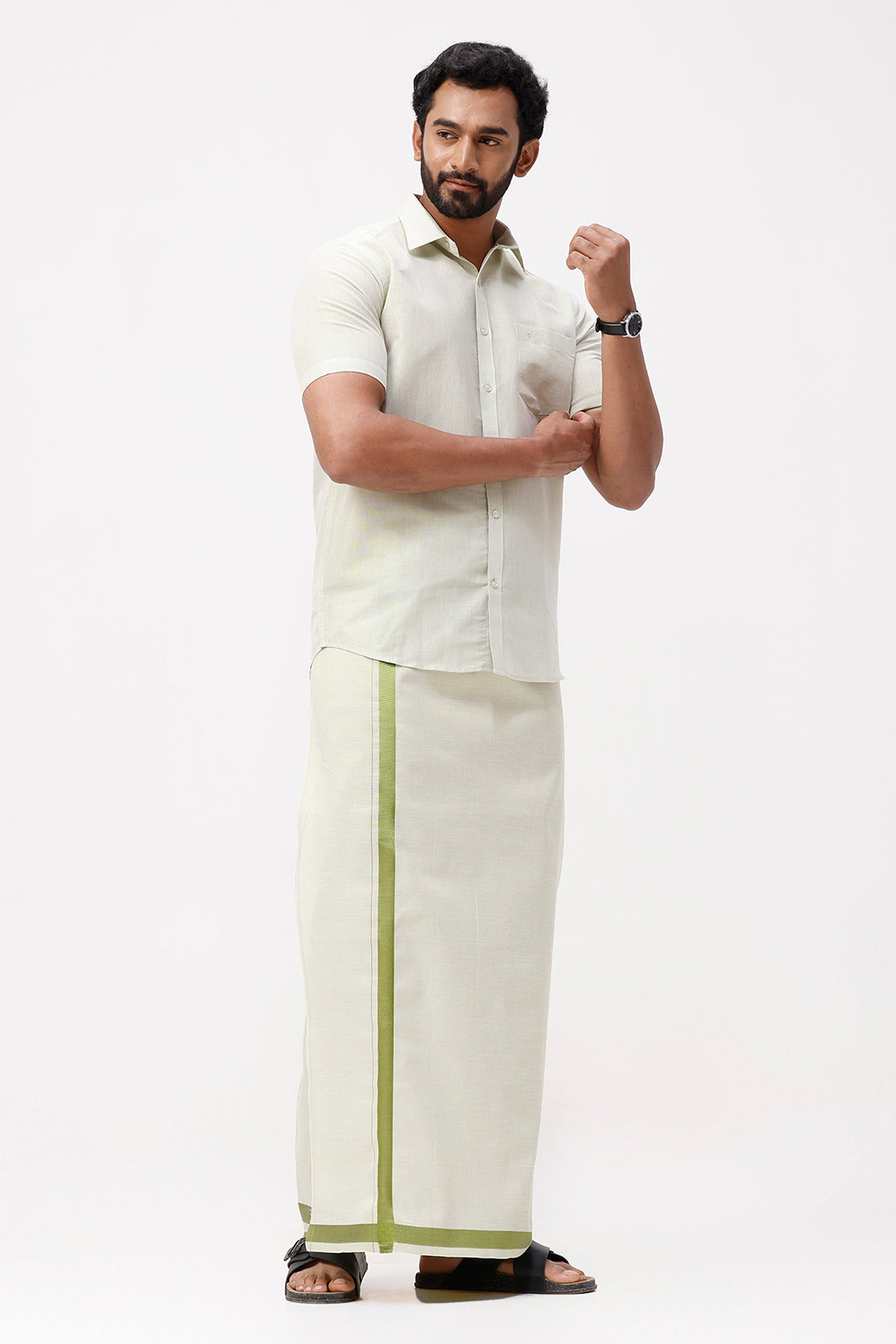 Vaibhav - Moss Green Shirt and Jari Single Dhoti Tissue Set 2 In 1 For Men | Uathayam