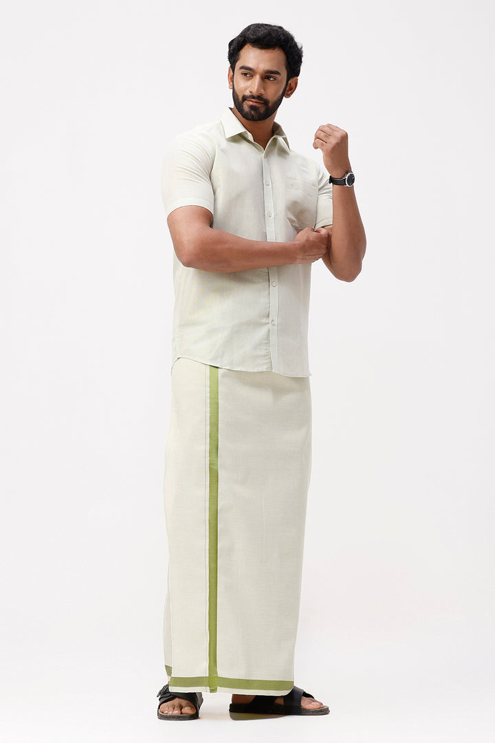 Vaibhav - Moss Green Shirt and Jari Single Dhoti Tissue Set 2 In 1 For Men | Uathayam
