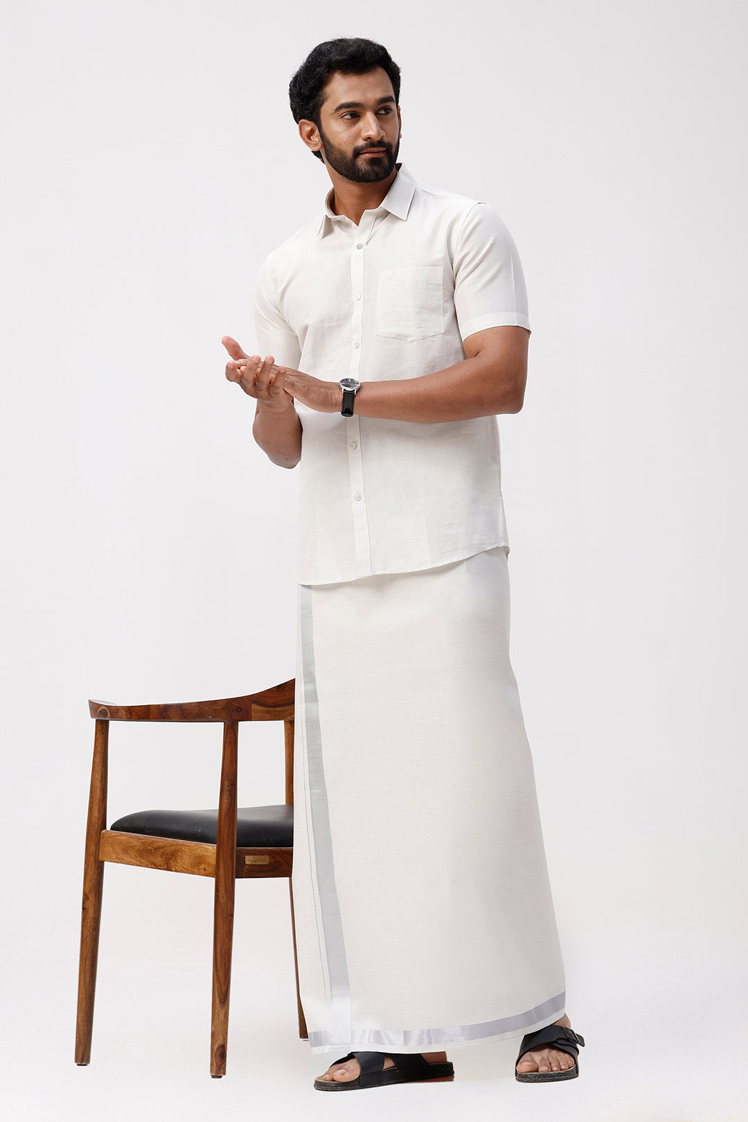 Vaibhav - Silver Shirt and Jari Single Dhoti Tissue Set 2 In 1 For Men | Uathayam
