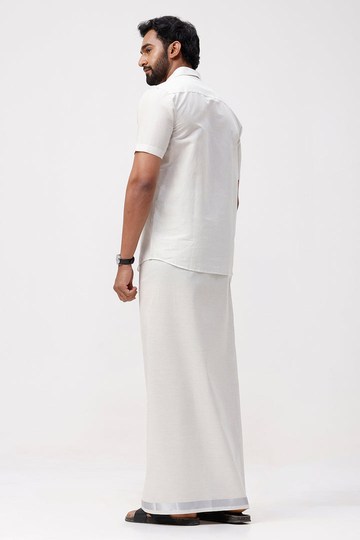 Vaibhav - Silver Shirt and Jari Single Dhoti Tissue Set 2 In 1 For Men | Uathayam