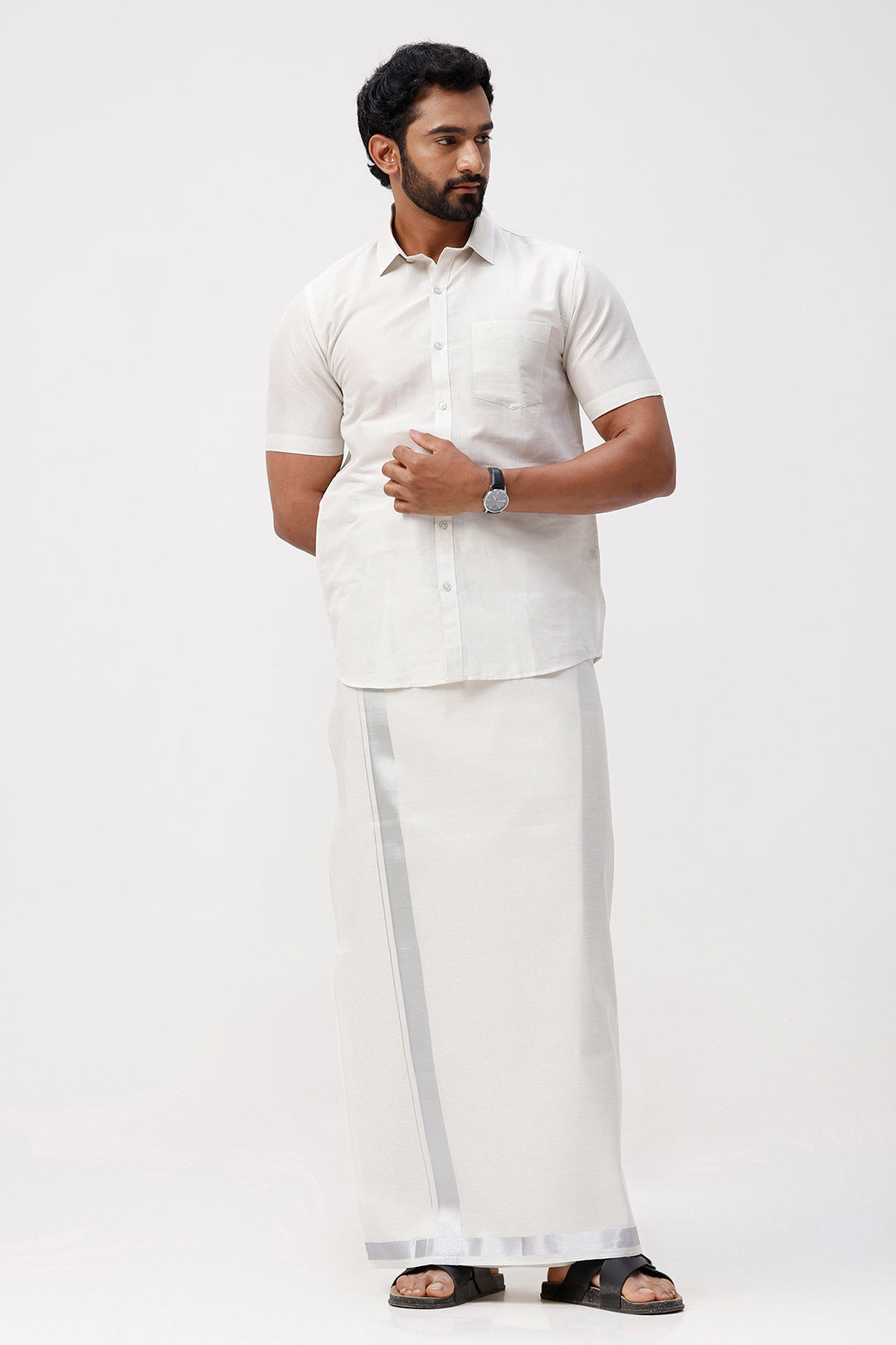 Vaibhav - Silver Shirt and Jari Single Dhoti Tissue Set 2 In 1 For Men | Uathayam