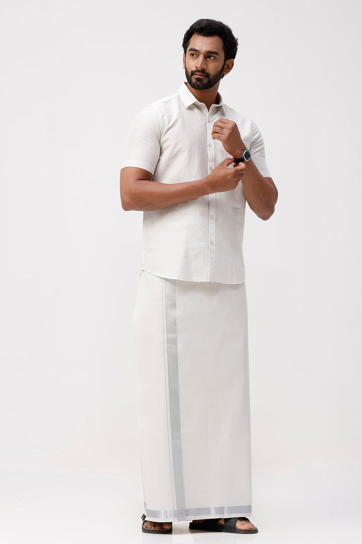 Vaibhav - Silver Shirt and Jari Single Dhoti Tissue Set 2 In 1 For Men | Uathayam