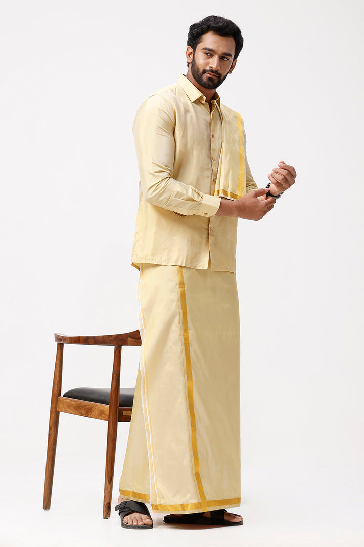 Man wearing a traditional beige outfit with dark gold accents on a white background
