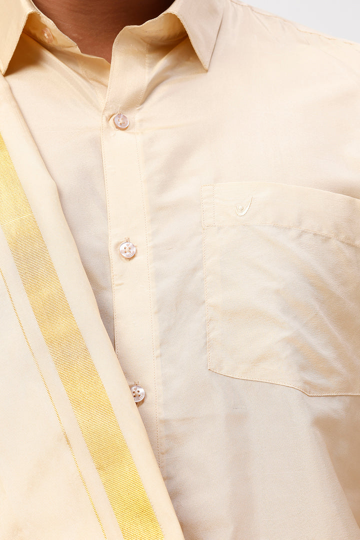 Close-up of a light-colored shirt with a yellow stripe on a plain background
