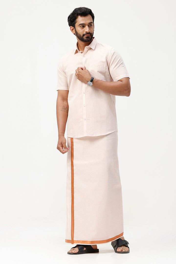 Vaibhav - Copper Orange Shirt and Jari Single Dhoti Tissue Set 2 In 1 For Men | Uathayam
