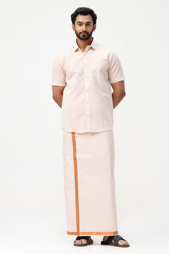 Vaibhav - Copper Orange Shirt and Jari Single Dhoti Tissue Set 2 In 1 For Men | Uathayam