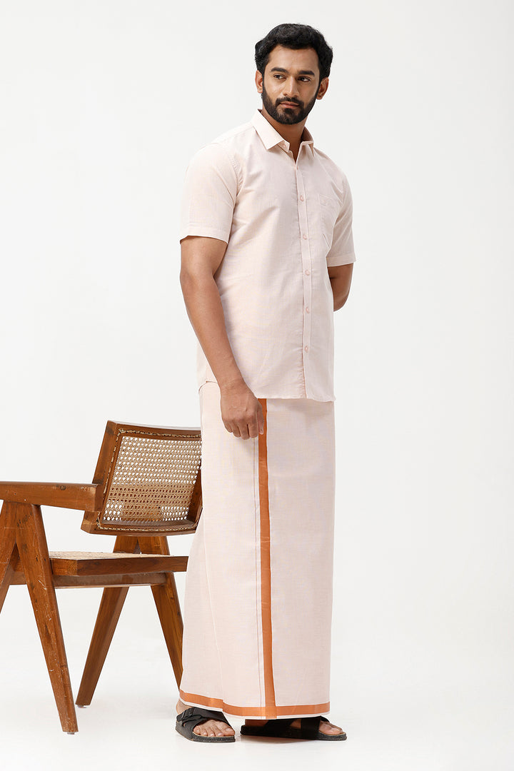 Vaibhav - Copper Orange Shirt and Jari Single Dhoti Tissue Set 2 In 1 For Men | Uathayam