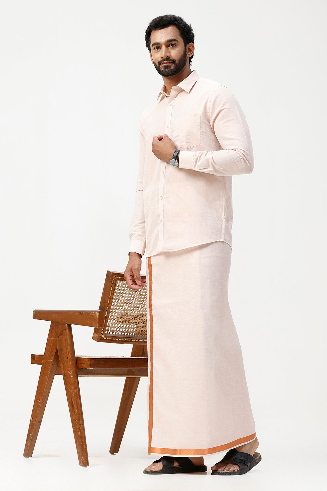 Vaibhav - Copper Orange Shirt and Jari Single Dhoti Tissue Set 2 In 1 For Men | Uathayam