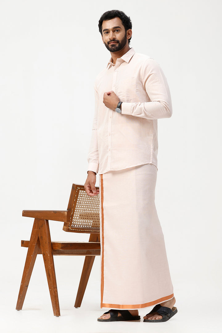 Vaibhav - Copper Orange Shirt and Jari Single Dhoti Tissue Set 2 In 1 For Men | Uathayam