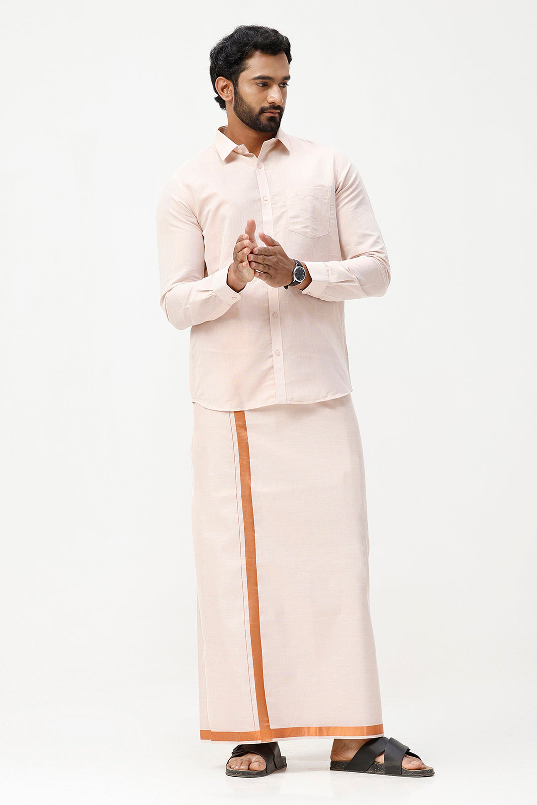 Vaibhav - Copper Orange Shirt and Jari Single Dhoti Tissue Set 2 In 1 For Men | Uathayam