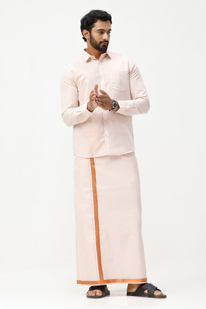 Vaibhav - Copper Orange Shirt and Jari Single Dhoti Tissue Set 2 In 1 For Men | Uathayam